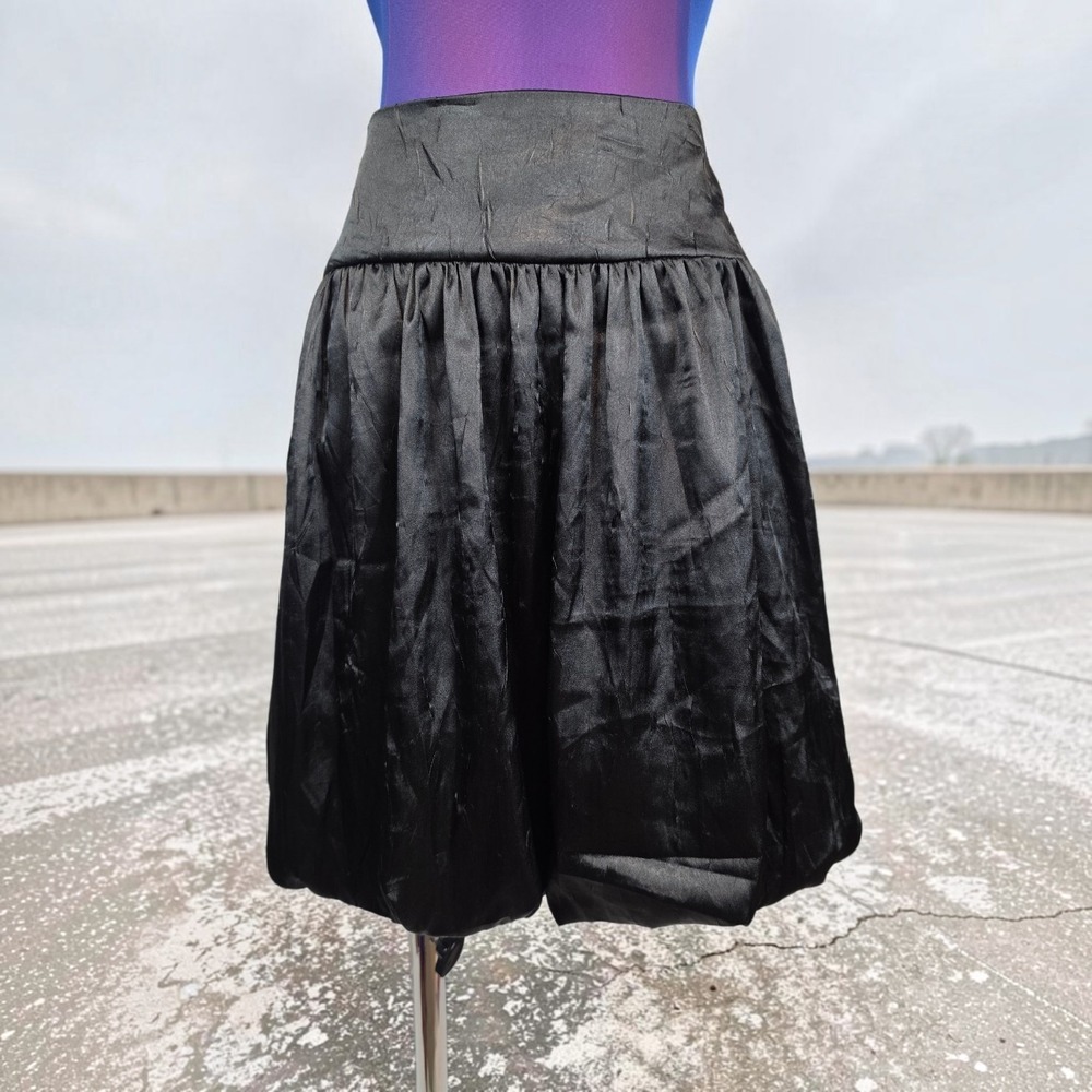 Vintage 90s Necessary Objects Black Satin Bubble Skirt Drop Waist Mini Small USA